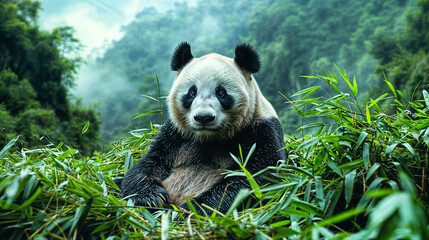 A panda bear sitting in a chinese landscape and eating bamboo
