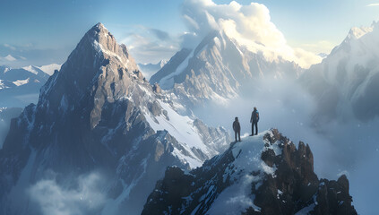 two mountaineers are climbing together on top of a mountain, teamwork, hikers hiking to top of mountains, snow, clouds, sunrise, concept of success and ambition, panorama of the mountains - obrazy, fototapety, plakaty