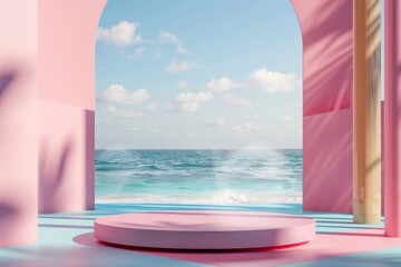 Fototapeta na wymiar Pink and Blue Room With Ocean View