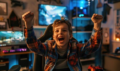 Happy kid gamer in gaming room - obrazy, fototapety, plakaty