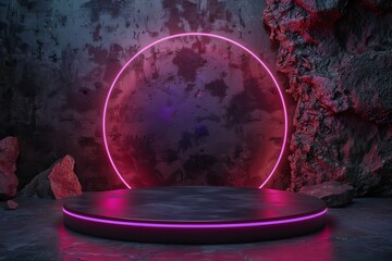Fototapeta na wymiar Neon-Lit Round Object on 3D Rendered Product Visualization Podium