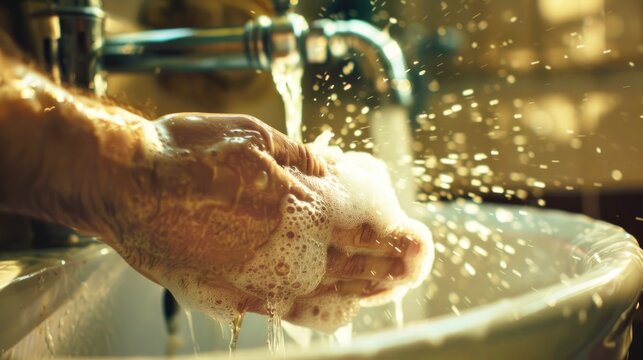 Hands with soap suds under warm tap water