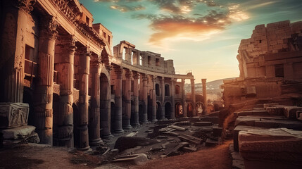 Ancient architecture ruined stone monument majestic sunset, AI Generative.