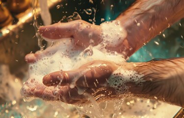 Splashing soap suds on hands under golden faucet