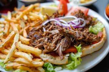 Doner kebab with fries and salad on a plate