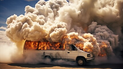 Tourist minibus engulfed in flames and smoke, passengers evacuating from the vehicle as emergency responders rush to the scene.
