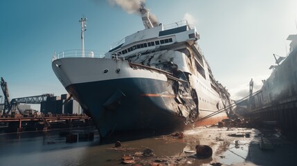 sea vessel docks at the repair yard, damaged from a collision, requiring repairs after being struck by another ship.
