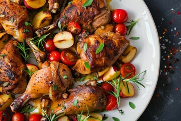 Duck legs with apples and tomatoes on white plate top view