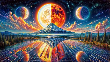 Fototapeta premium Volcanic Peak and Celestial Bodies: Surreal Digital Dreamscape