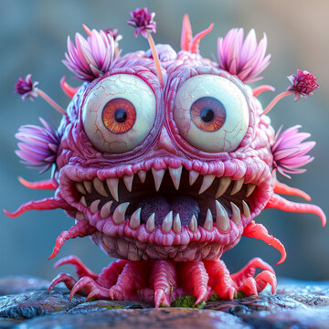 A pink fuzzy monster with big eyes and sharp teeth