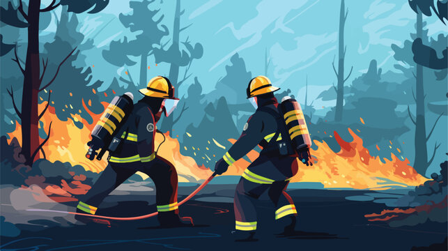 Brave firefighters wearing uniform and helmets fire