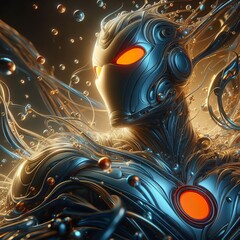 Glowing-Eyed Hero Amidst Dynamic Liquid Waves in Sci-Fi Armor, Emanating Power and Energy