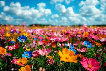 A field of colorful flowers with blue sky. Generative AI.