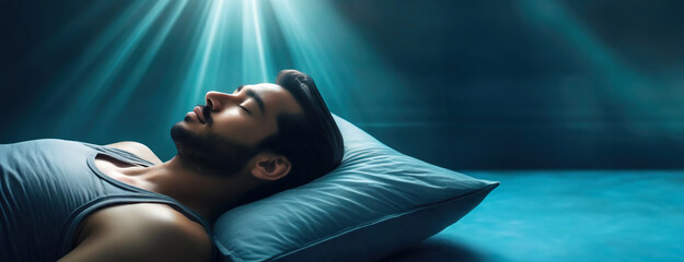 A man lies in repose, bathed in beams of light, suggesting peace and rest. Male serene slumber is highlighted by the gentle illumination in a dark room.