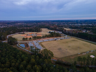 Aerial sunset landscape of Patriots Park baseball fields in Grovetown Augusta Georgia