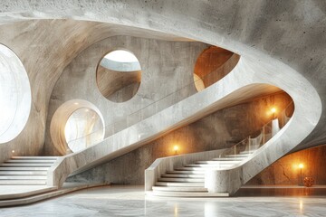 Serene image displaying modern architecture with smooth curves and warm lighting embracing the staircase