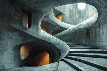 Imaginative architecture portraying a harmonious blend of concrete twists and warm lighting - 782356820