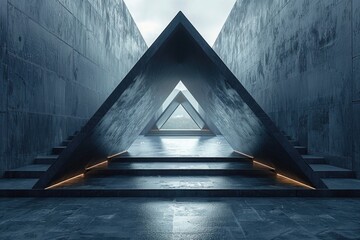 A triangle-shaped corridor with water features and subtle illumination leads to a distant vanishing point, symbolizing a journey - 782356864