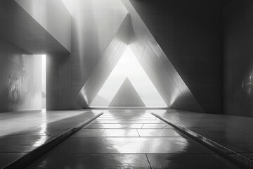 A serene image highlighting the simplicity and purity of a white triangular corridor with rays of natural light piercing through