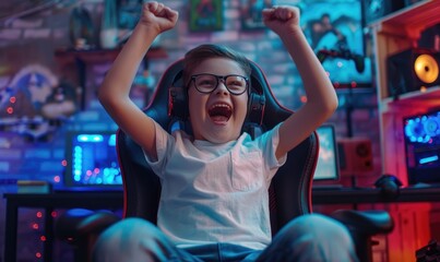 Happy kid gamer in gaming room - obrazy, fototapety, plakaty