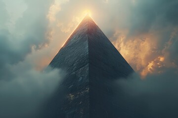 Capturing the majestic look of a pyramid under a dramatic sky with the sun glowing at its peak - 782357051