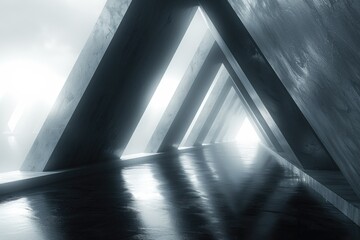 A surreal, futuristic pathway created by misty light passing through imposing triangular shapes