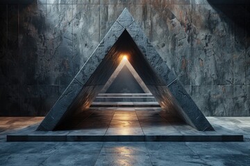Striking image of a triangular shaped portal in a somber and textured concrete environment with illumination at its peak