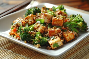 Quinoa salad with broccoli tofu cilantro and sesame ginger dressing on a square white plate on a bamboo mat