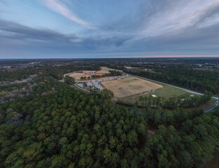 Aerial sunset landscape of Patriots Park baseball fields in Grovetown Augusta Georgia