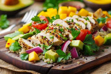Quinoa salad with chicken mango avocado on wooden board - Powered by Adobe