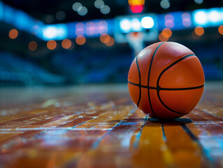 Basketball on Court Floor close up with blurred arena in background 