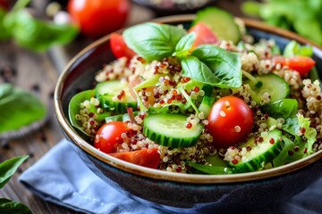 Quinoa salad with tomatoes cucumbers and greens