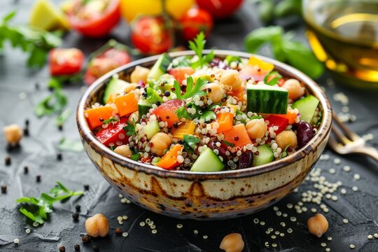 Quinoa salad with veggies chickpea and cheese Emphasizing superfoods