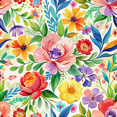 A vibrant display of various flowers and leaves creates a colorful and dense floral pattern