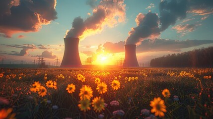 Atomic Energy: Nuclear power plays a vital role in global electricity production, offering a sus - obrazy, fototapety, plakaty