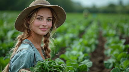 Rear view: A female farmer with a box of fresh vegetables walks along her field. Healthy Eating and Fresh Vegetables.