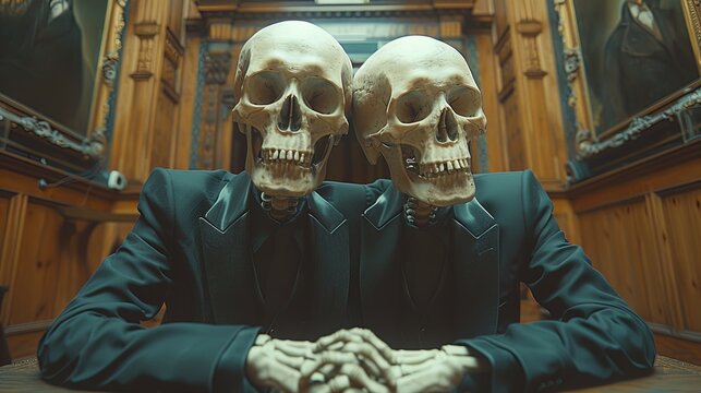 A haunting image of skeletons adorned in tailored suits, their bony fingers intertwined, evoking