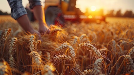 A close-up shot captures the deft hands of farmers as they carefully maneuver harvesting equipme - obrazy, fototapety, plakaty