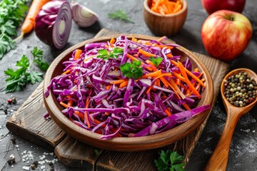 Red cabbage slaw with carrots apples healthy detox vegan spring salad - obrazy, fototapety, plakaty
