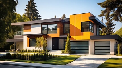 Fototapeta na wymiar A chic suburban home featuring yellow accents, its clean lines and contemporary facade reflecting the vibrant spirit of modern family living. -
