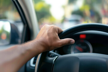 Hand on steering wheel in daylight driving situation