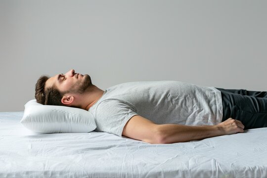 Resting young man with orthopedic pillow on white background Promoting good posture