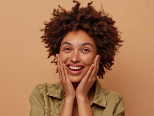 Close up photo of cheery young lady curly hair enjoy facial peeling effect dressed trendy khaki...