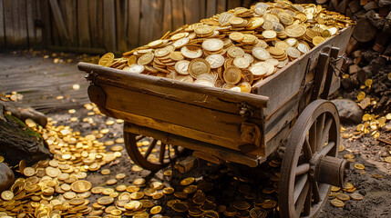 A wooden wagon overflowing with golden coins, journeying down a path of wealth accumulation and savvy savings - obrazy, fototapety, plakaty