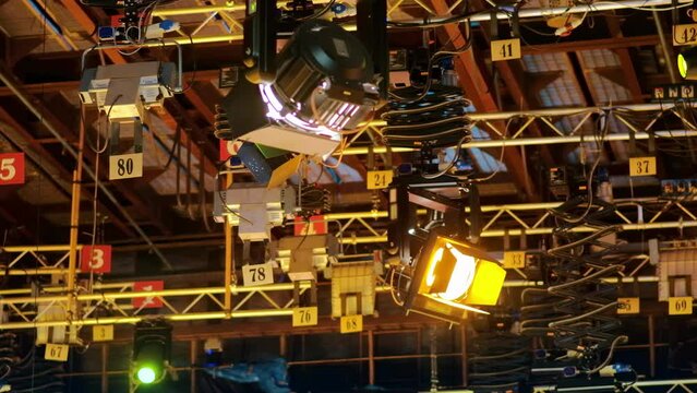 Flashing studio lights equipment on the ceiling of a TV set