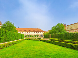 Fototapeta na wymiar Prague- Czech- 8 April 2024: Wallenstein gardens with baroque palace in Prague