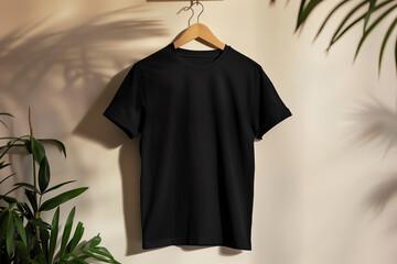 Blank black t-shirt mockup on a wooden hanger against a clean wall background