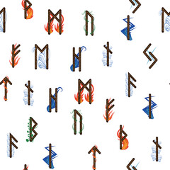 Hand drawn runic letters seamless pattern with elemental symbols. Magic signs and symbols of Scandinavian culture.