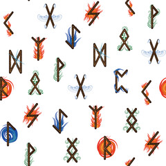 Hand drawn runic letters seamless pattern with elemental symbols. Magic signs and symbols of Scandinavian culture.