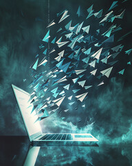 Abstract concept of a laptop with streams of data turning into paper airplanes, symbolizing research communication